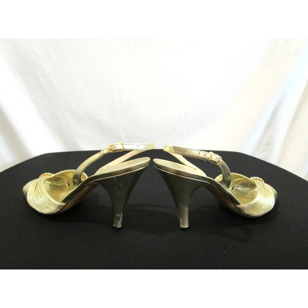 Vintage Bruno Magli Italy Gold Leather Rhinestone Slingback Heels, Women 6.5 B